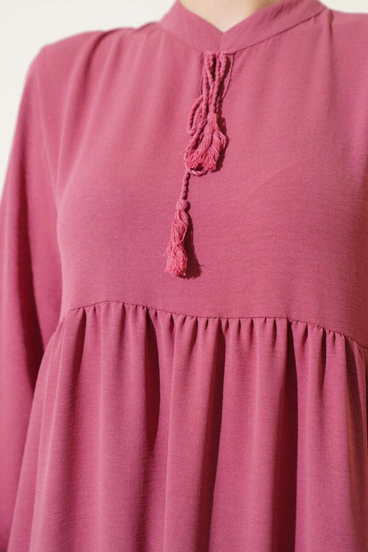 Collar Rope and Lace Detailed Layered Dress Dusty Rose