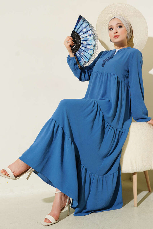 Indigo Layered Dress with Collar and Lace Detail
