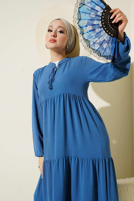 Indigo Layered Dress with Collar and Lace Detail