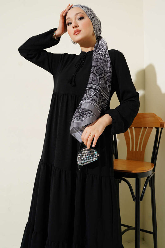 Black Layered Dress with Lace Collar Detail