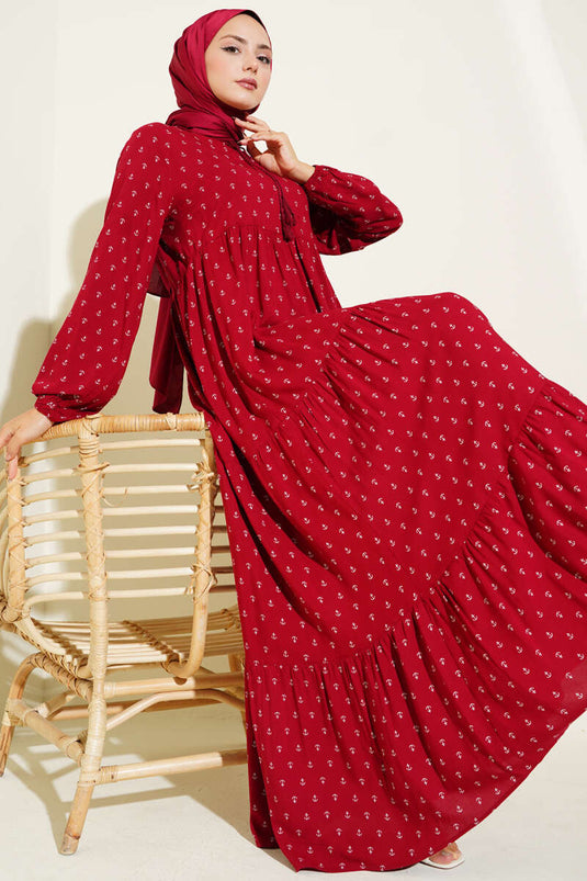 Yaka İpli Çapa Desenli Elbise Bordo