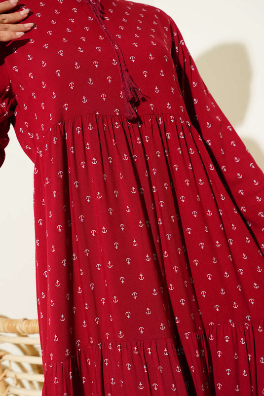 Yaka İpli Çapa Desenli Elbise Bordo