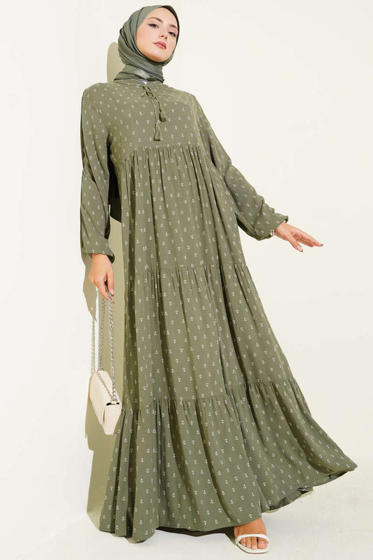 Anchor Pattern Dress with Collar Drawstring, Khaki