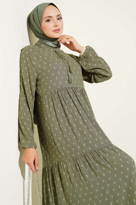 Anchor Pattern Dress with Collar Drawstring, Khaki