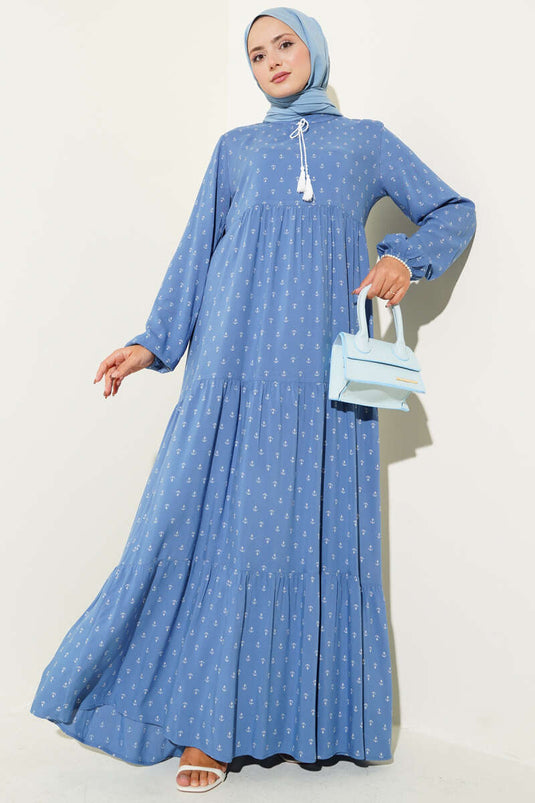 Anchor Pattern Dress with Neckline, Indigo