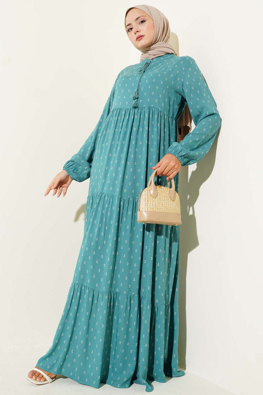 Anchor Pattern Dress with Drawstring Collar, Petrol