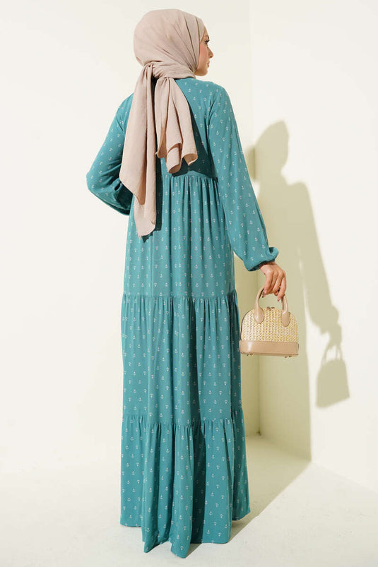 Kleid mit Ankermuster und Kordelzugkragen, Petrol