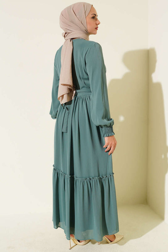 Yaka İpli Kuşaklı Elbise Çağla Yeşili