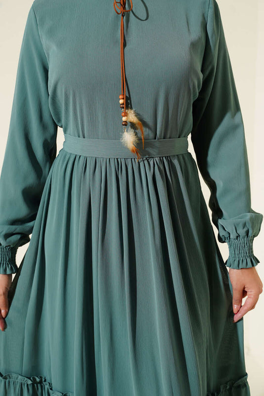 Yaka İpli Kuşaklı Elbise Çağla Yeşili