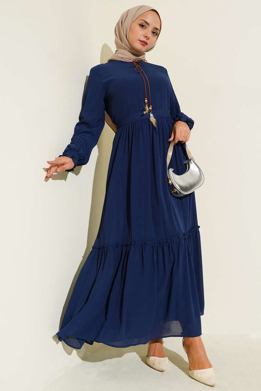 Yaka İpli Kuşaklı Elbise Lacivert