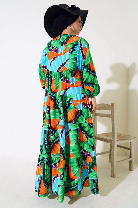 Yaka İpli Yarasa Kol Elbise Yeşil