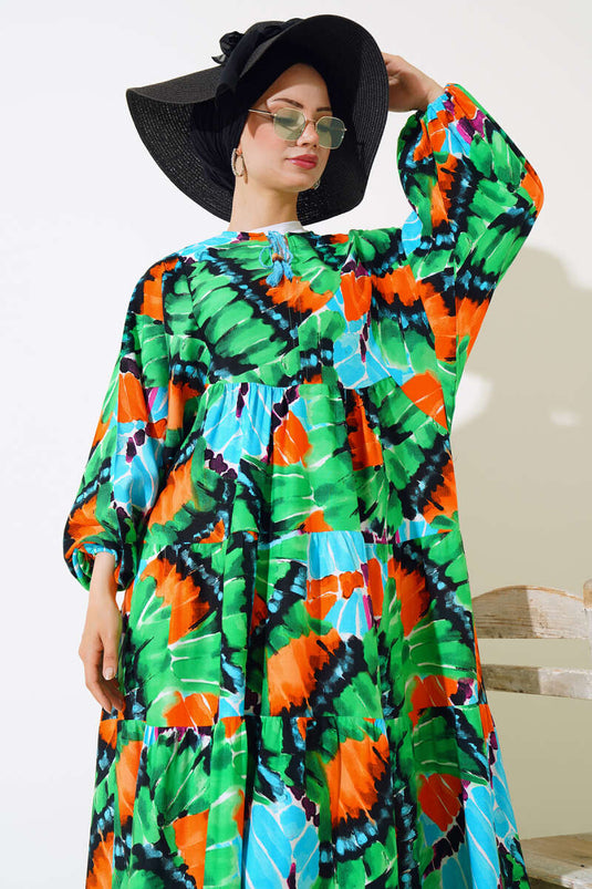 Yaka İpli Yarasa Kol Elbise Yeşil