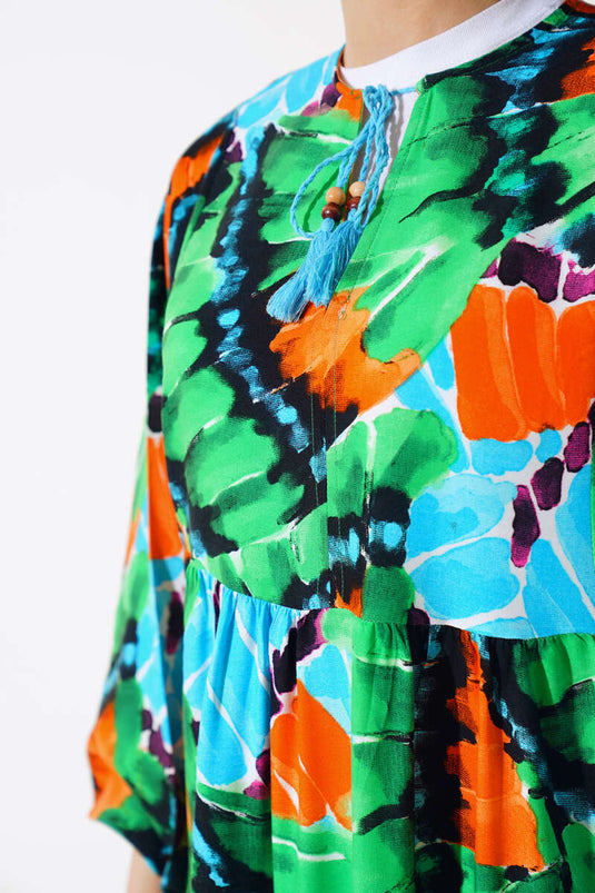 Yaka İpli Yarasa Kol Elbise Yeşil