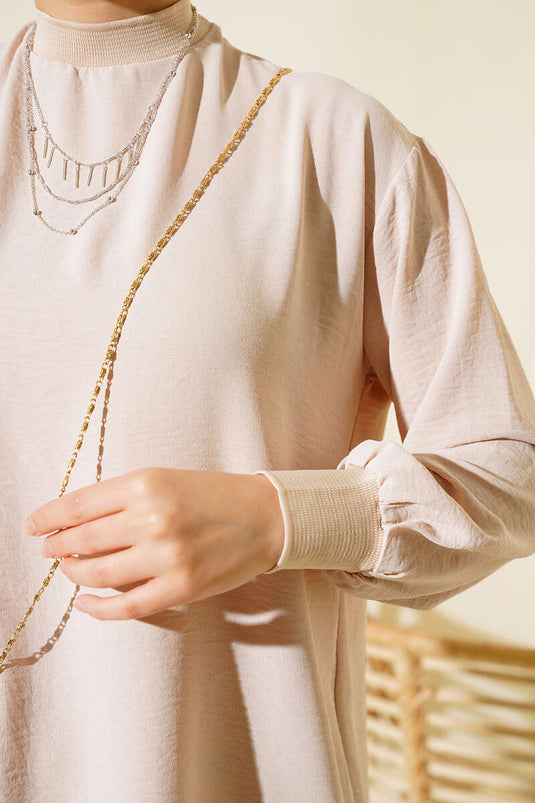 Yaka Kol Ribanalı Tunik Bej