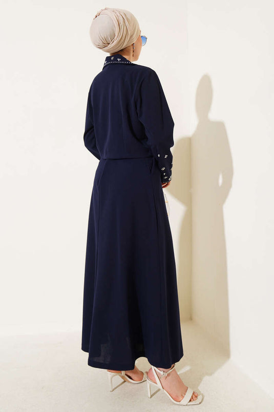 Navy Blue Two-Piece Set with Embellished Collar, Sleeves and Skirt