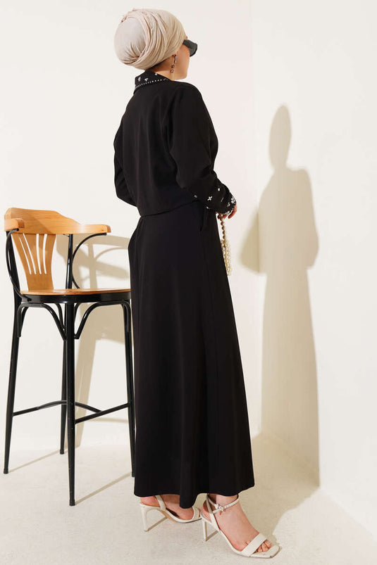 Yaka Kol Taşlı Etekli İkili Takım Siyah