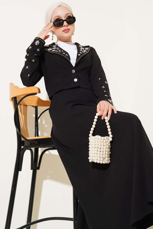 Yaka Kol Taşlı Etekli İkili Takım Siyah