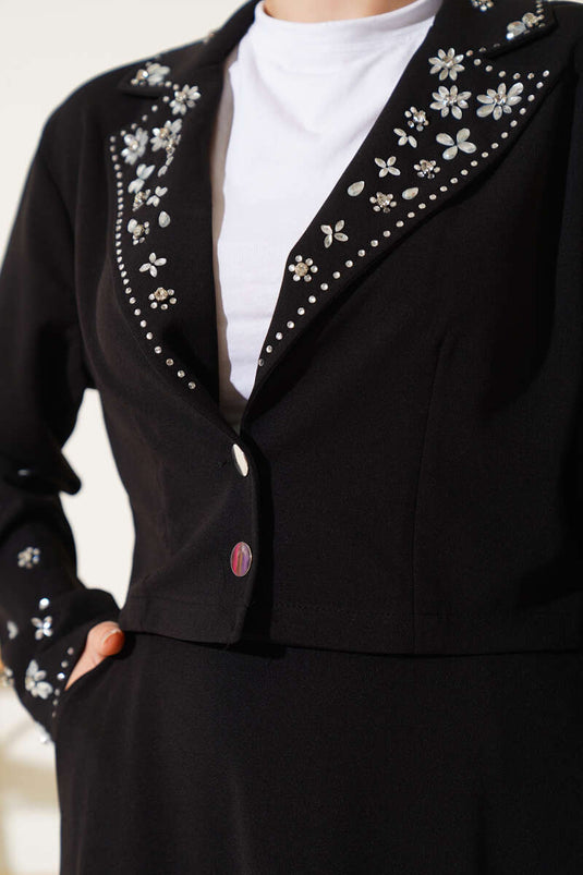 Yaka Kol Taşlı Etekli İkili Takım Siyah