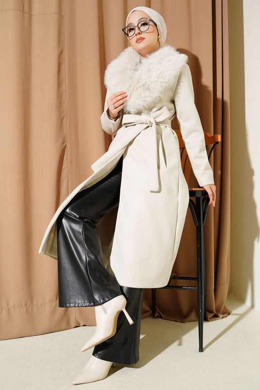 Fur Detailed Cashmere Coat Beige