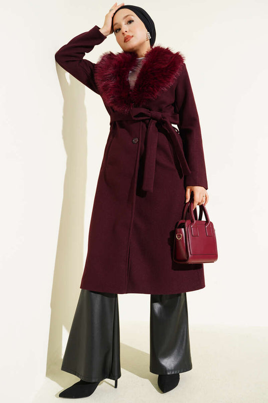 Fur Collar Detailed Cashmere Coat Burgundy