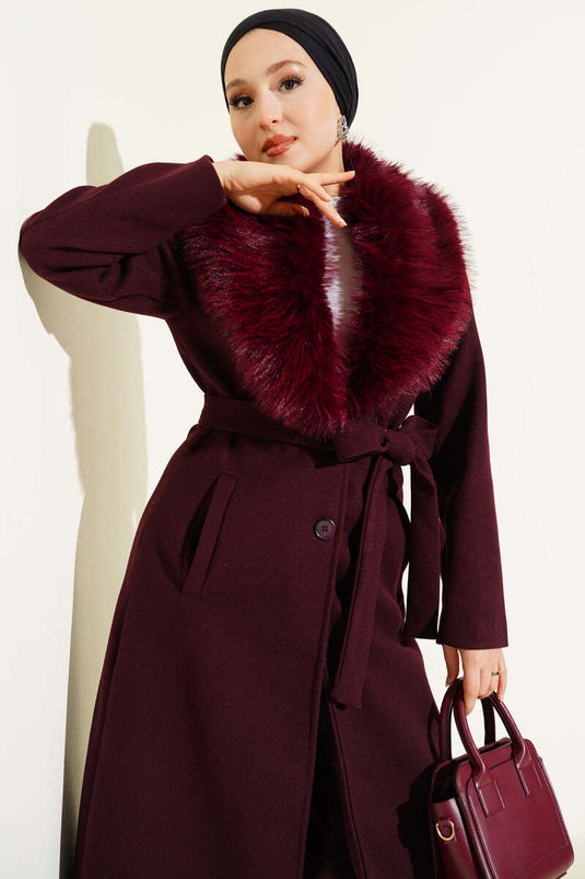 Fur Collar Detailed Cashmere Coat Burgundy