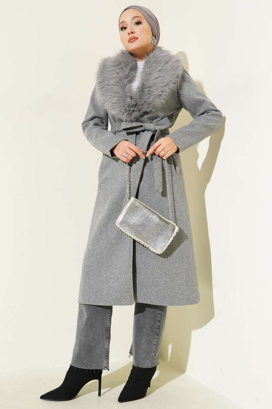 Fur Detailed Cashmere Coat Gray