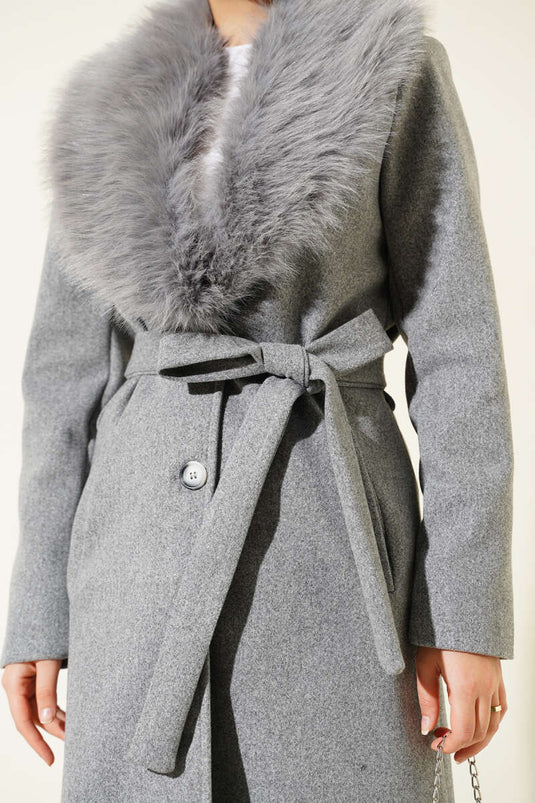 Fur Detailed Cashmere Coat Gray