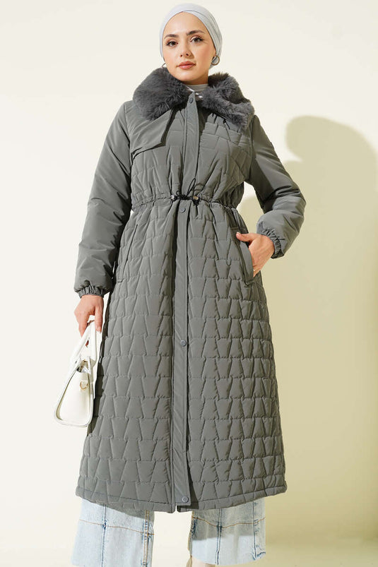 Bontkraag Taille Tunnel Gewatteerde Lange Jas Grijs