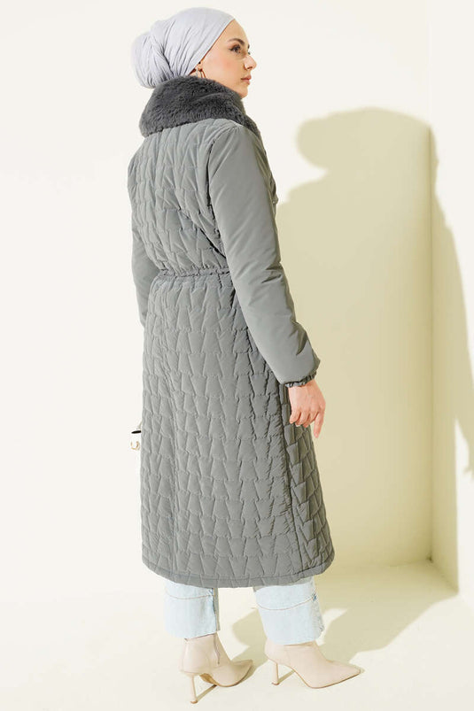 Bontkraag Taille Tunnel Gewatteerde Lange Jas Grijs