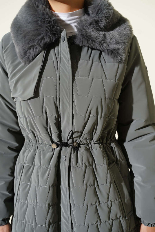 Bontkraag Taille Tunnel Gewatteerde Lange Jas Grijs