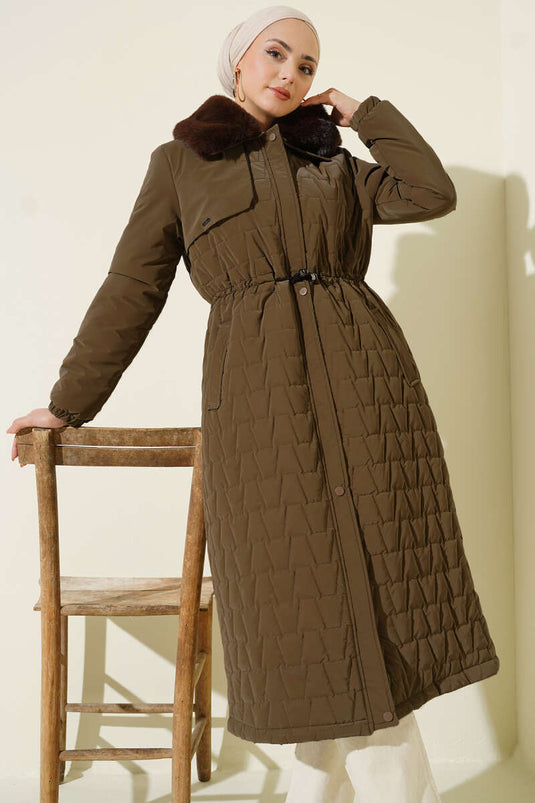 Fur Collar Waist Tunnel Quilted Long Coat Brown
