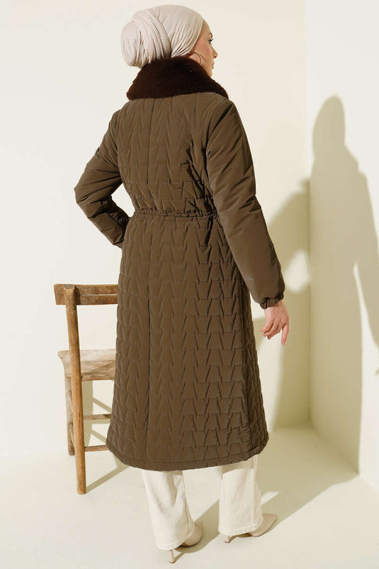 Fur Collar Waist Tunnel Quilted Long Coat Brown