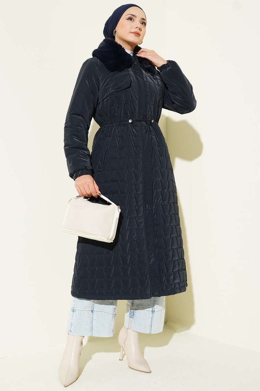 Fur Collar Waist Tunnel Quilted Long Coat Navy Blue