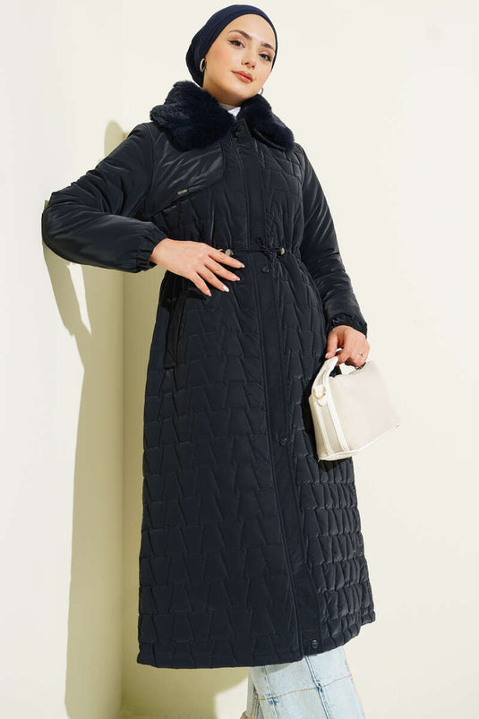 Fur Collar Waist Tunnel Quilted Long Coat Navy Blue