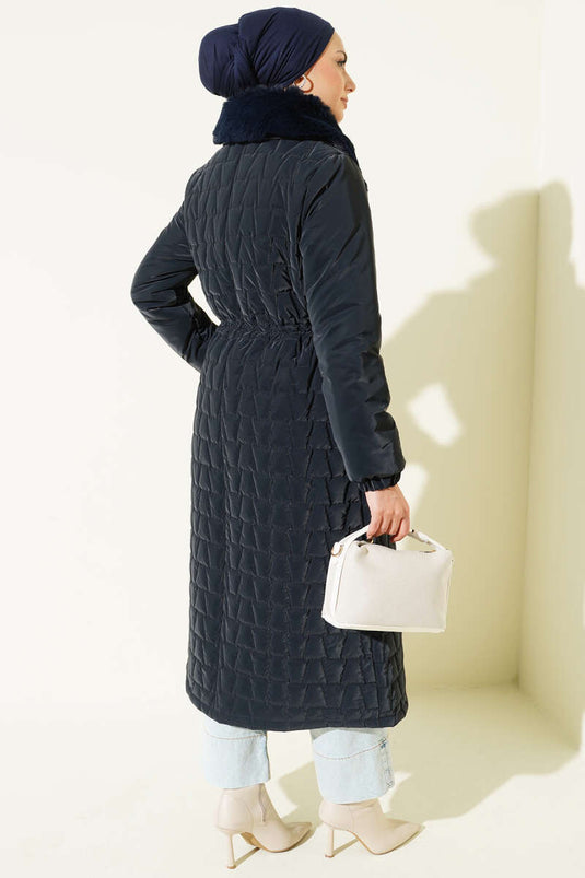 Fur Collar Waist Tunnel Quilted Long Coat Navy Blue