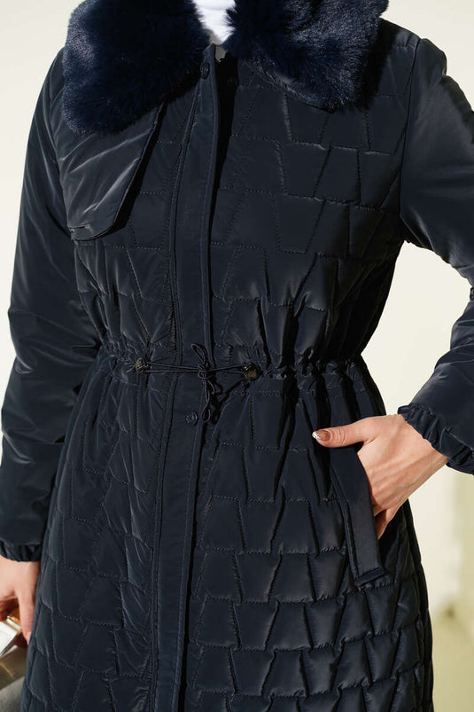 Fur Collar Waist Tunnel Quilted Long Coat Navy Blue
