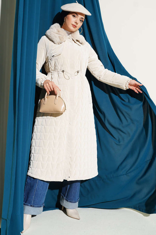Fur Collar Waist Tunnel Quilted Long Coat Stone