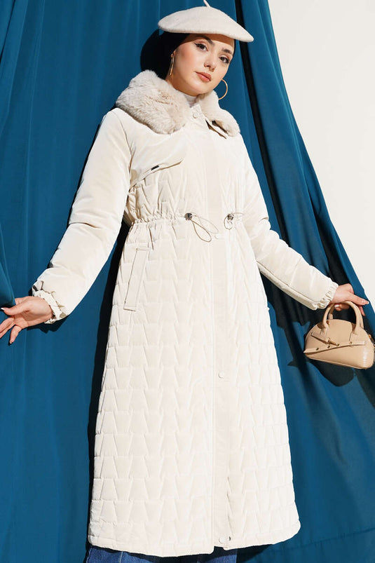 Fur Collar Waist Tunnel Quilted Long Coat Stone