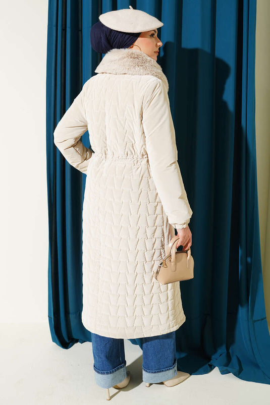 Fur Collar Waist Tunnel Quilted Long Coat Stone
