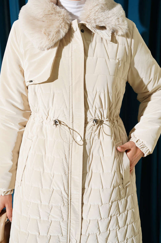 Fur Collar Waist Tunnel Quilted Long Coat Stone