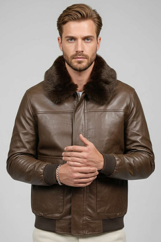Yaka Kürklü Deri Erkek Ceket Kahve