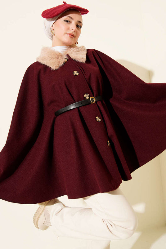 Fur-Collared Buttoned Poncho, Burgundy