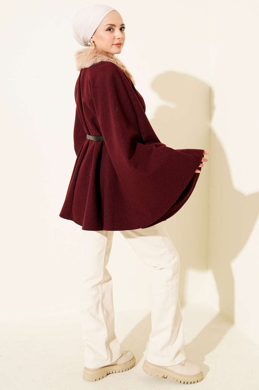 Fur-Collared Buttoned Poncho, Burgundy