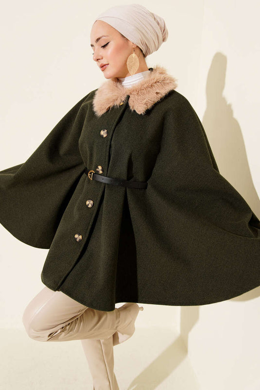 Yaka Kürklü Düğmeli Panço Haki