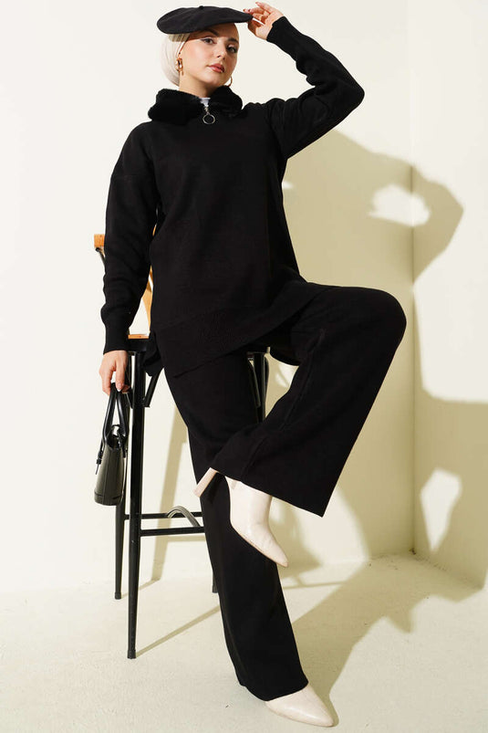 Ensemble deux pièces en maille à fermeture éclair et col en fourrure, noir