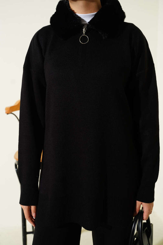 Ensemble deux pièces en maille à fermeture éclair et col en fourrure, noir