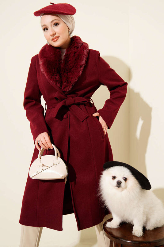 Fur-Collared Cashmere Coat, Burgundy