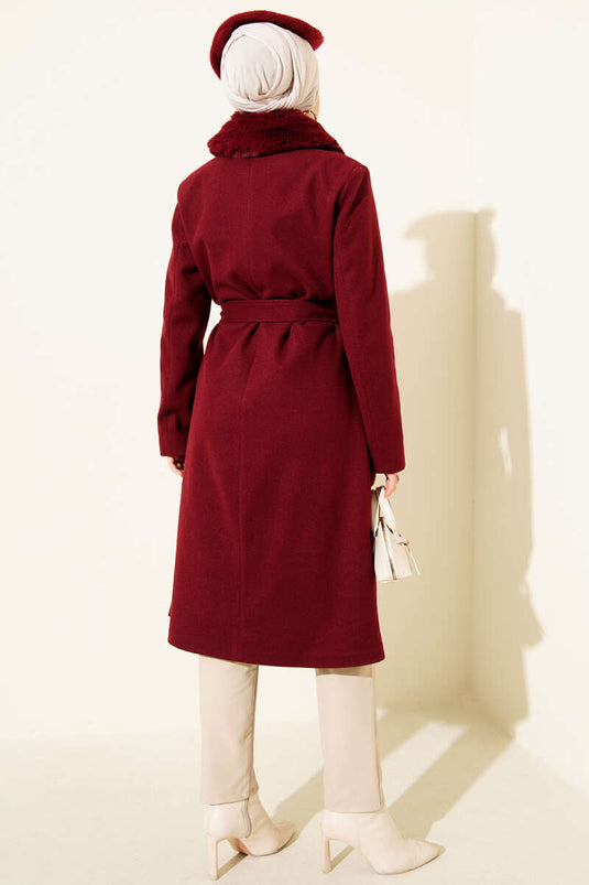Fur-Collared Cashmere Coat, Burgundy