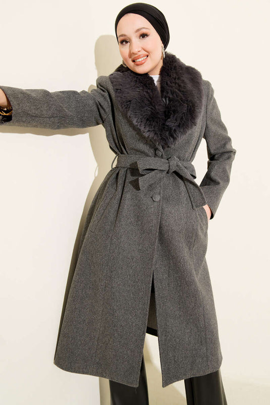 Fur Collared Cashmere Coat Smoke