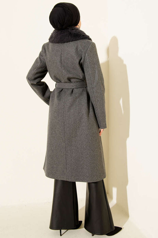 Fur Collared Cashmere Coat Smoke